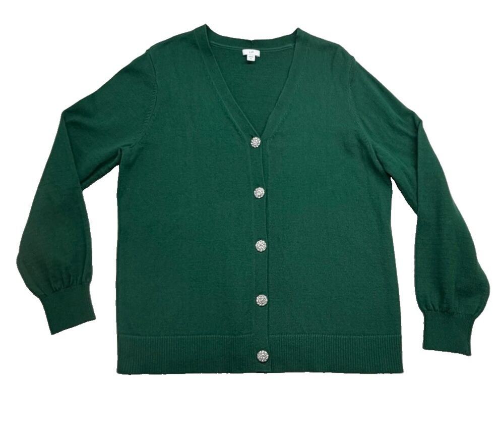 J Jill Green Rhinestone Button Cardigan Womens Large Tall Cotton Blend Sweater